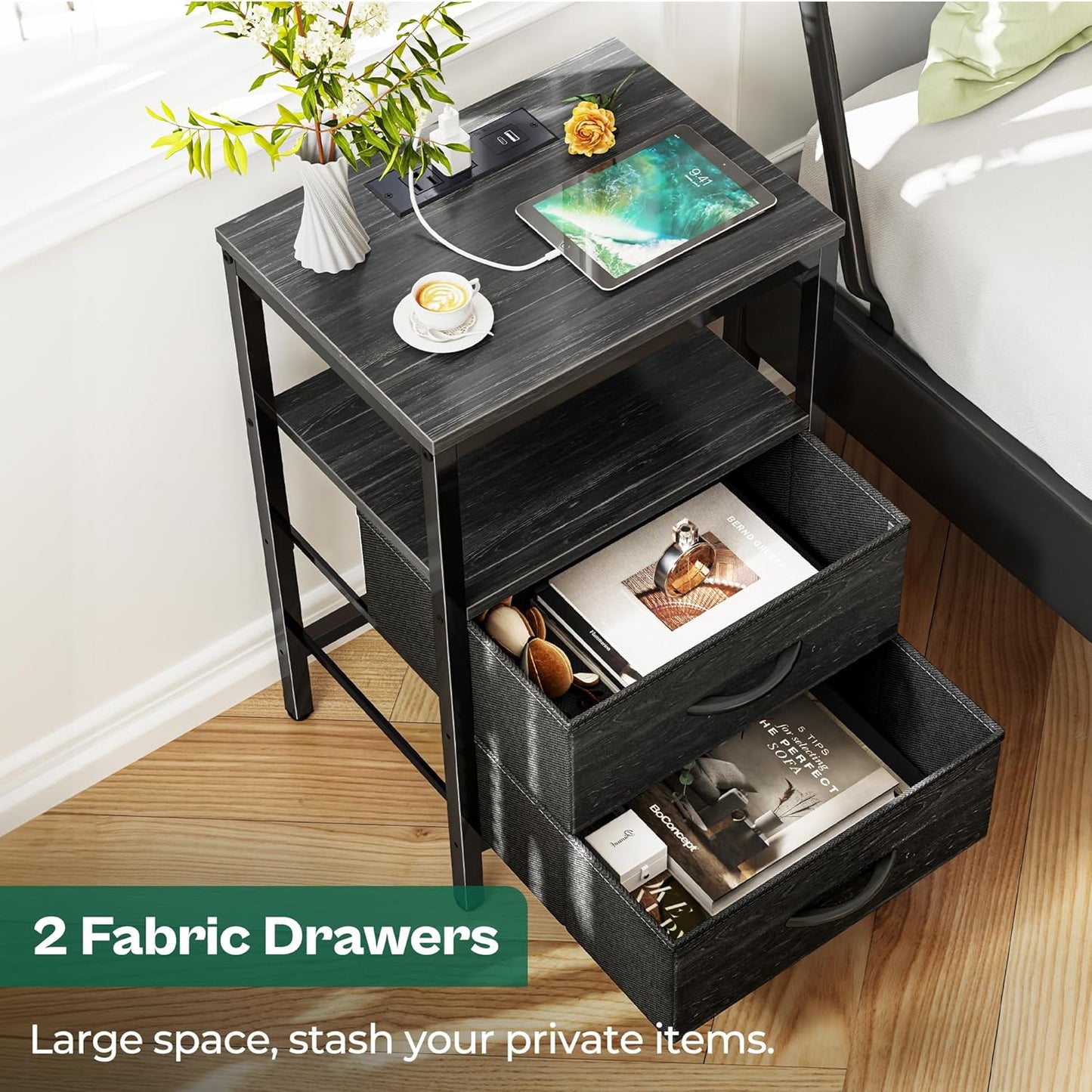 Elegant Nightstand with Integrated Charging Station, Fabric Storage Drawers, Open Shelf Design, USB Ports and Outlets, Charcoal Black Wood Grain Finish