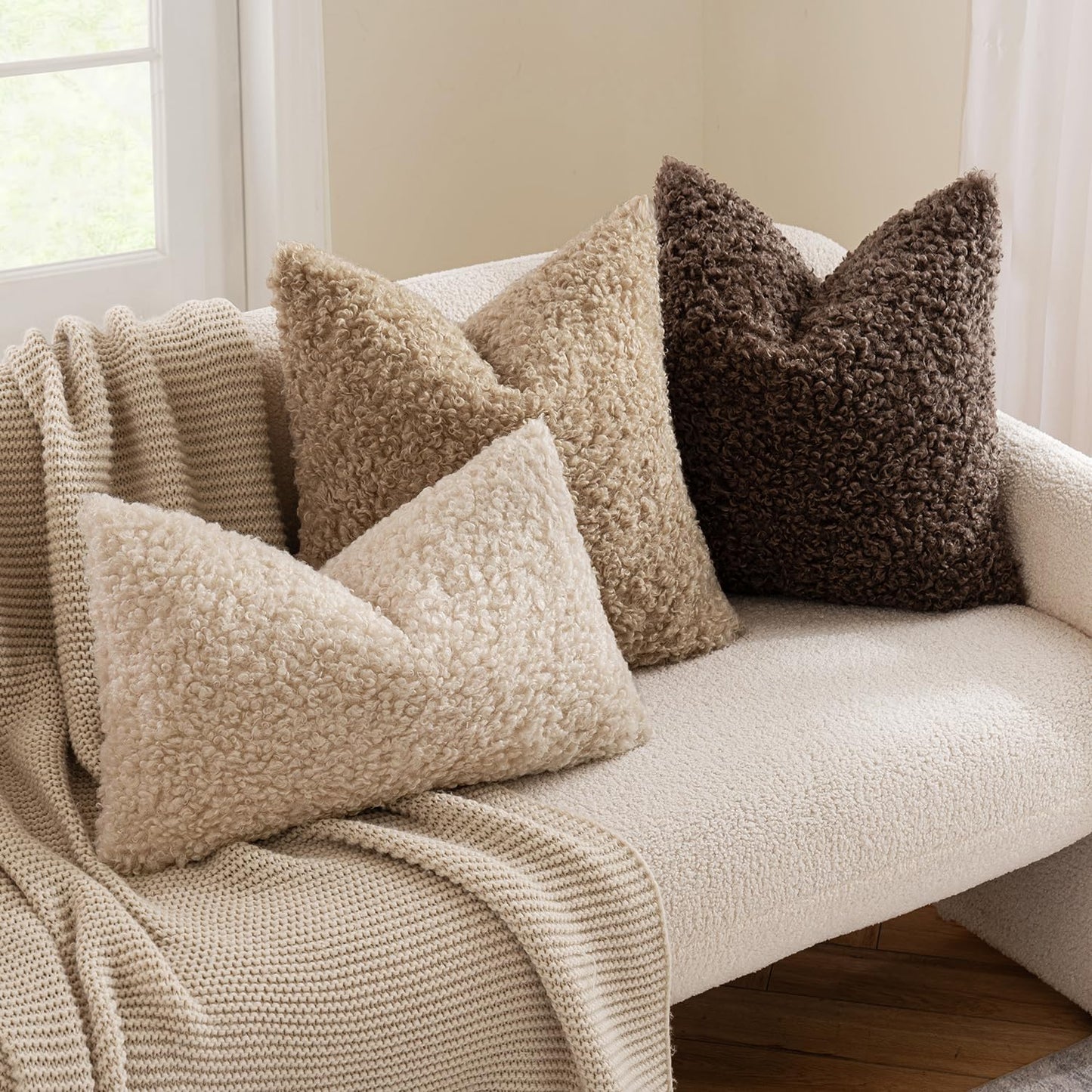 Pack of 2 Faux Fur Chocolate Throw Pillow Covers 18X18 Inch Boucle Decorative Sherpa Pillow Covers Fuzzy Accent Soft Sheepskin Fleece for Boho Home Decor Sofa Living Room Couch Bed