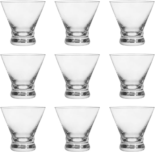Set of 9 Martini Glasses - 8-Ounce Cinched Design Cocktail Glasses with Heavy Base, Stemless Construction for Stability - Sturdy and Elegant Cosmopolitan Bar Glasses (Glass, Clear9Pcs)