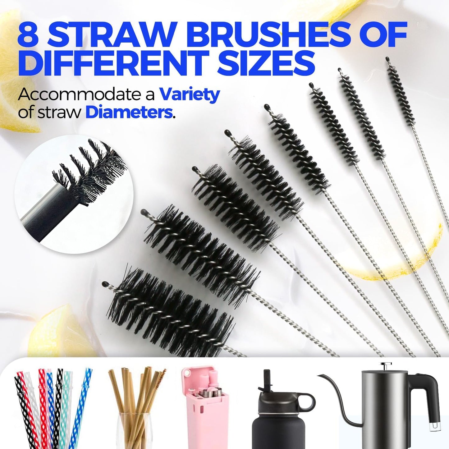 10 Pack Bottle Brush Cleaner Set, 15" Long Handle Bottle Cleaner Brush, Flexible Long Handle Water Bottle Brush for Narrow Neck Beer Wine, 8 Straws, Abrasive Spiral Brushes, White Grey