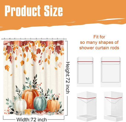 Fall Thanksgiving Shower Curtain, Waterproof Printed Harvest Autumn Floral Pumpkin Bathroom Curtain Decor, Farmhouse Halloween Shower Curtains for Bathroom, 72X72 Inch