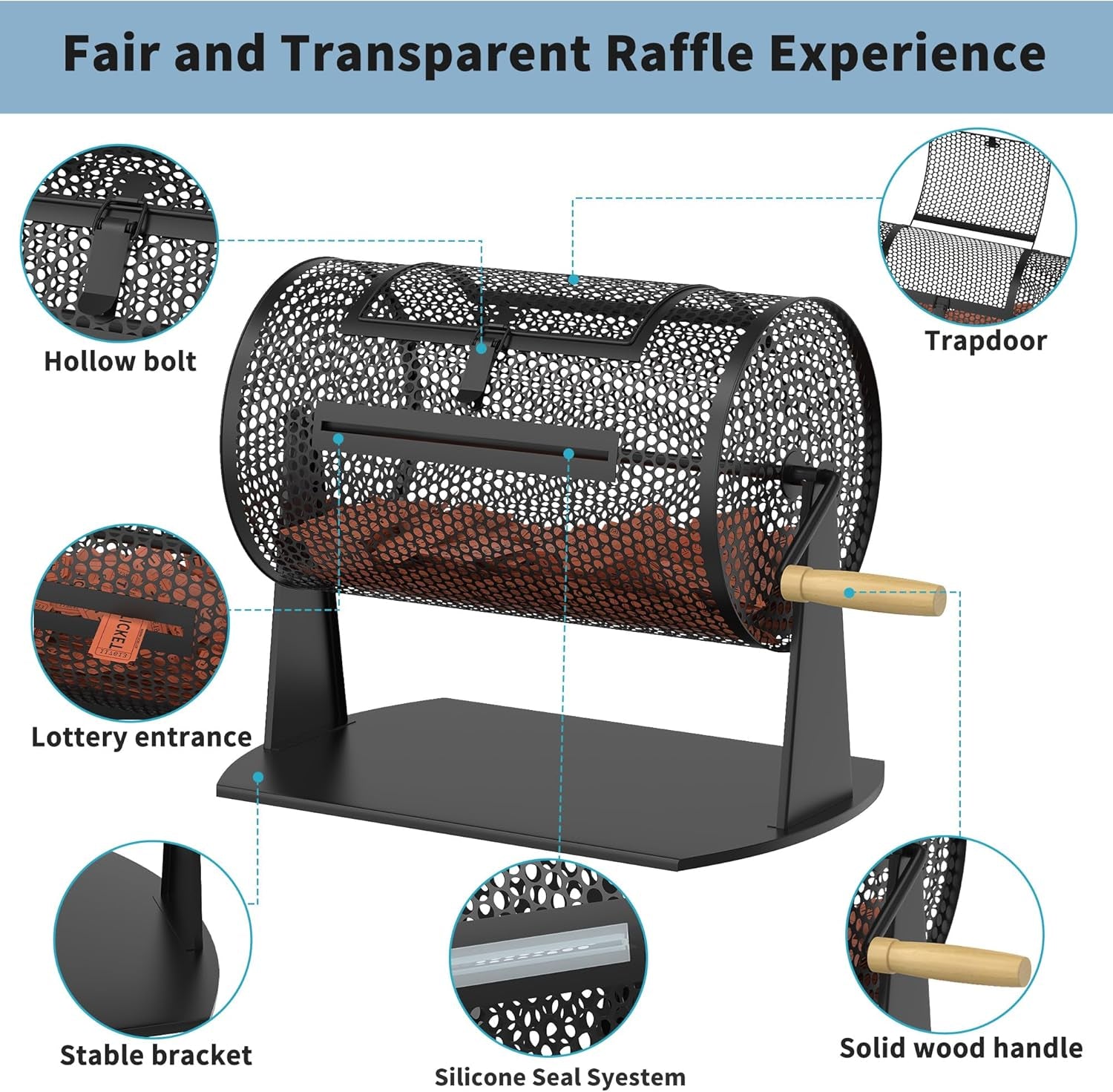 Professional Raffle Drum with Wooden Handle, Capacity for 2500 Tickets (Black)