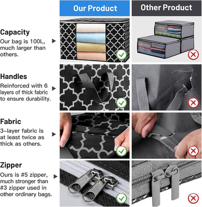 ISELIFE Storage Bags 100L 2-Pack Large Blanket Clothes Organization and Storage Containers for Bedding, Comforters, Foldable Organizer with Reinforced Handle, Clear Window, Sturdy Zippers, Black