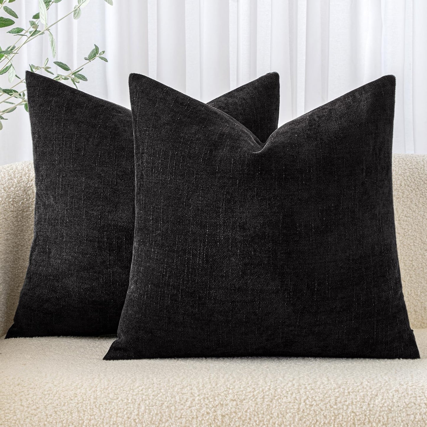 Pack of 2 Decorative Throw Pillow Covers Soft Chenille Throw Pillows Solid Neutral Farmhouse Textured Cushion Covers for Couch Sofa Bedroom Living Room 18X18 Inch, Black