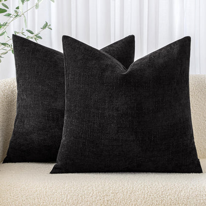 Pack of 2 Decorative Throw Pillow Covers Soft Chenille Throw Pillows Solid Neutral Farmhouse Textured Cushion Covers for Couch Sofa Bedroom Living Room 18X18 Inch, Black