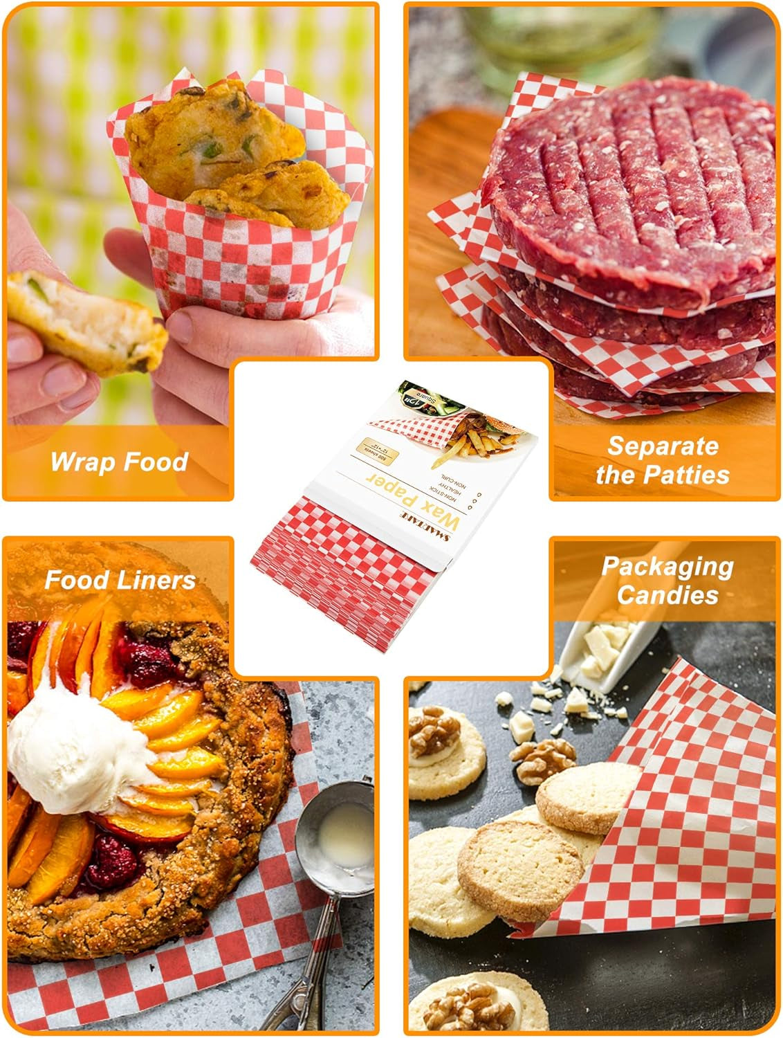 12 X 12 Inches Wax Paper for Food, 500 Pcs Non-Stick Hamburger Patty Paper, Square Sandwich Separators Wrapping Paper, for Lunch, Restaurants, Barbecues, Picnics, Parties, Red Plaid