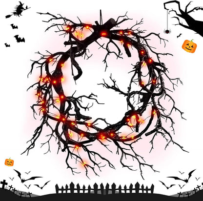 Halloween Black Branch Wreath, 18 Inch Glitter Black Twig Tree Branches Halloween Wreaths with Lights for Front Door Wall Horror Table Decor for Home Window Farmhouse Party (Branch with Red Lights)
