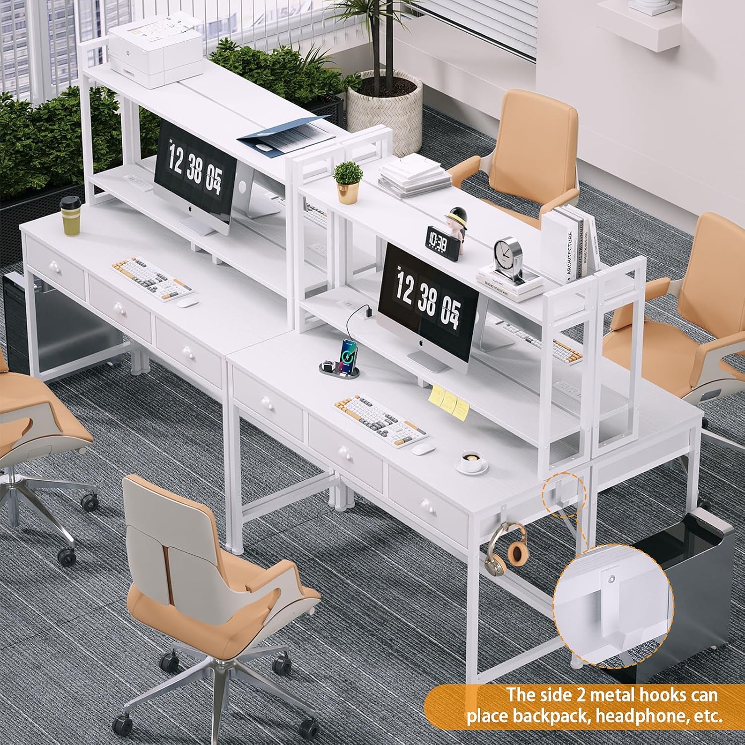 47'' White Computer Desk with 3 Drawers Hutch, LED Lights, Home Office Desks, Gaming Table with Monitor Stand, 2AC Power Outlets and 2 USB Ports, Modern Work Study Table for Bedroom