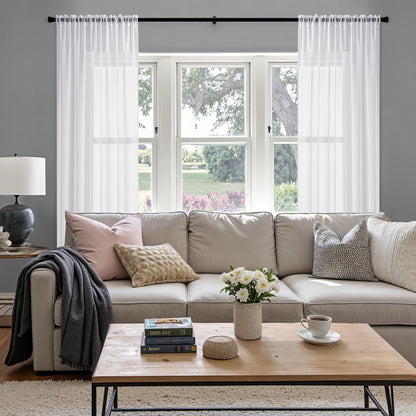 White Sheer Curtains Linen Textured 45 Inches Long 2 Panels for Bedroom Kitchen, Semi Transparent Farmhouse Rod Pocket Light Filtering Voile Window Drapes, W 42 X L 45 Inch Length