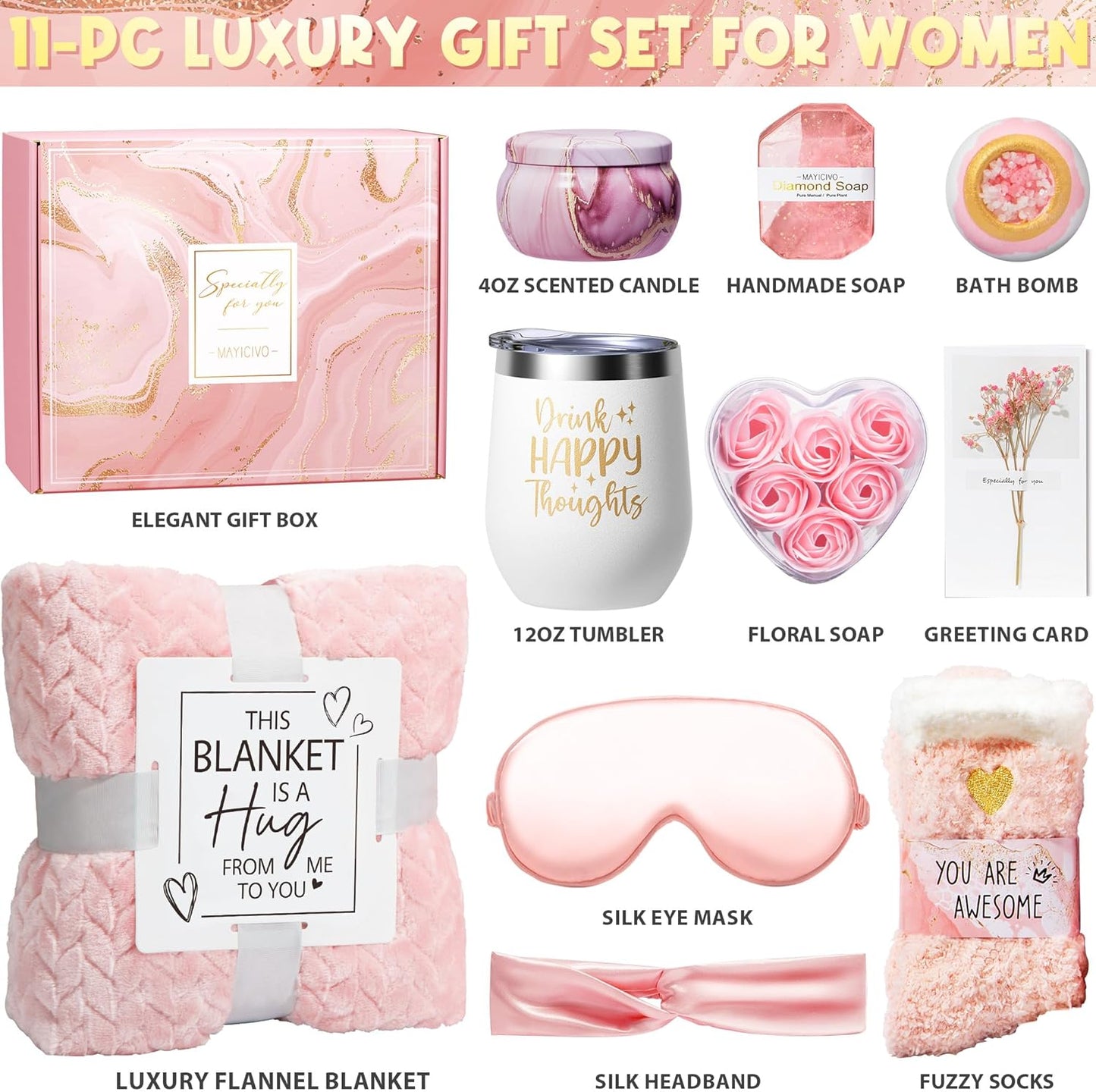 Birthday Gifts for Women Self Care Gifts Get Well Soon Gifts, Rose Relaxing Spa Gifts Basket Care Package W/ Luxury Flannel Blanket, Unique Mothers Day Gifts for Mom Her Friend Sister Wife Grandma