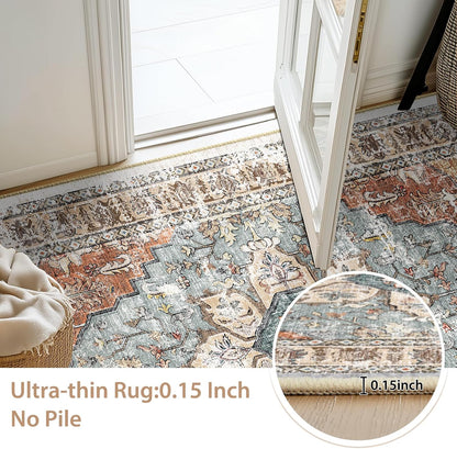 8X10 Area Rug Washable Rugs for Living Room, No Pile Boho Carpet for Entryway Bedroom Dinning Room, Vintage Carpet Print Distressed Non-Slip, 8 X 10 Ft, Green Brick Rust Red