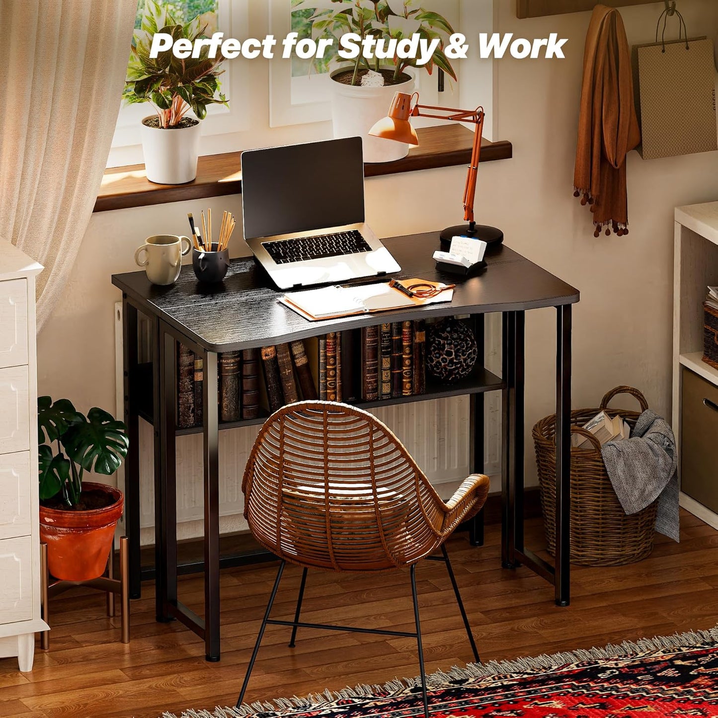 Folding Desk with Storage Shelf - 31.5 Inch Compact Computer Table for Small Spaces, Space-Saving Sofa Table, Ideal for Writing and Office Use, Easy to Fold, Black