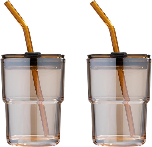 13 Oz Tumbler Water Glass, Water Bottle with Straw and Dustproof Lid, Coffee Ice Cup Double Wall Insulated Glass Cup (Amber-2Pack)