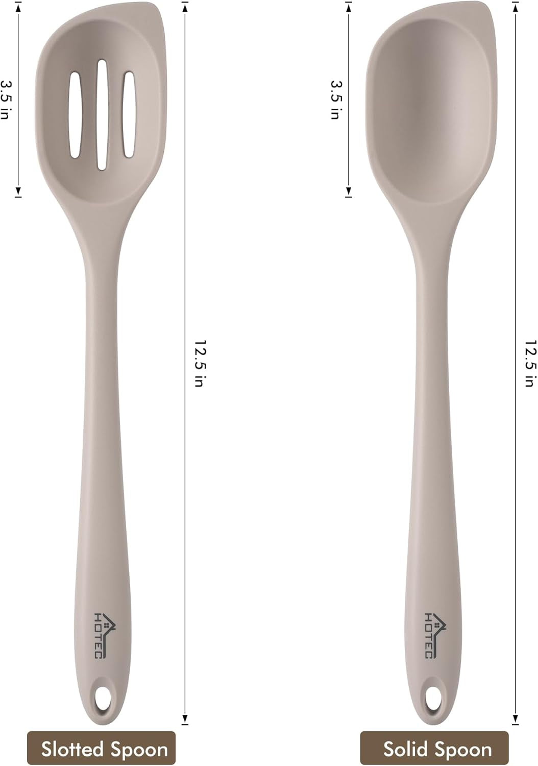 Heat Resistant Silicone Cooking Spoon Spatula, Large Kitchen Solid and Slotted Spoons for Mixing, Serving, Scraping, Non-Stick, Dishwasher Safe Khaki 12.5Inch