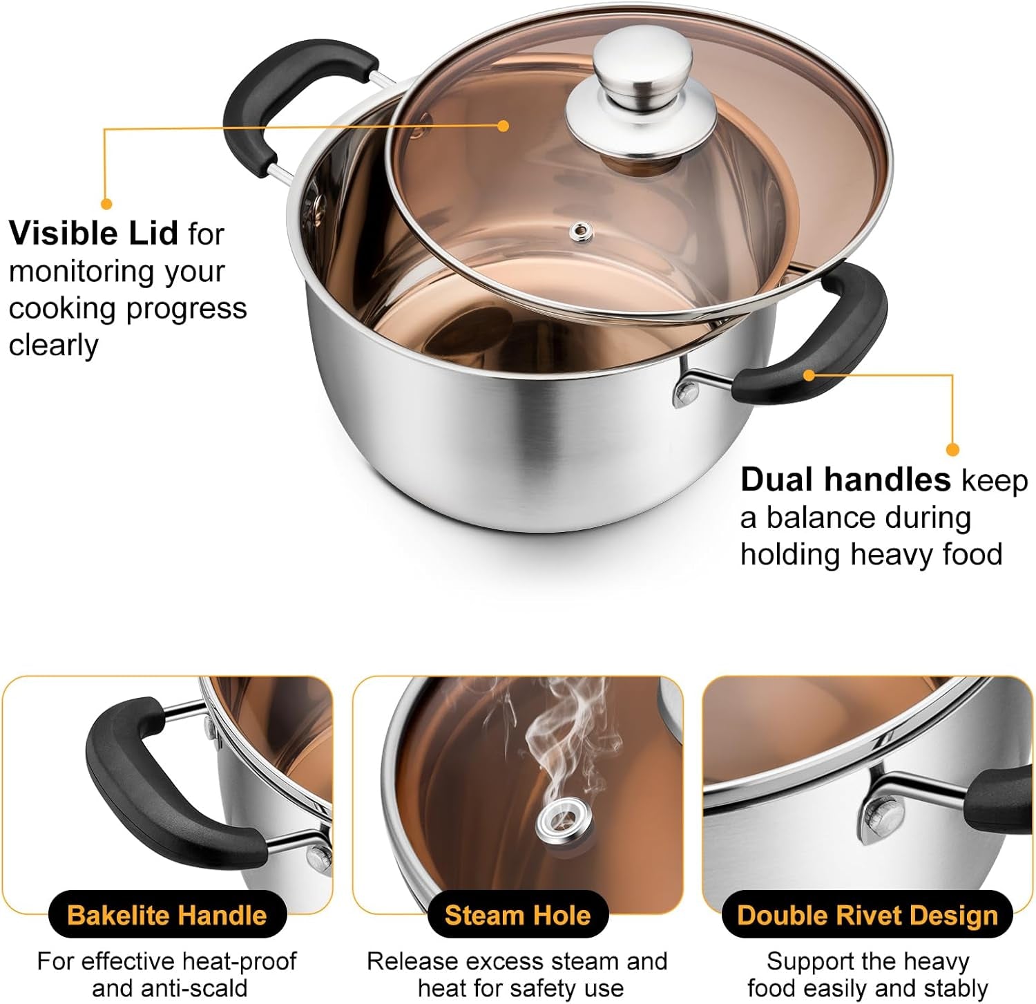 Stockpot with Lid, Stainless Steel Cooking Stock Pot for Soup, Heat-Proof Double Handles with Visible Lid, Dishwasher Safe & Healthy, 4 Qt