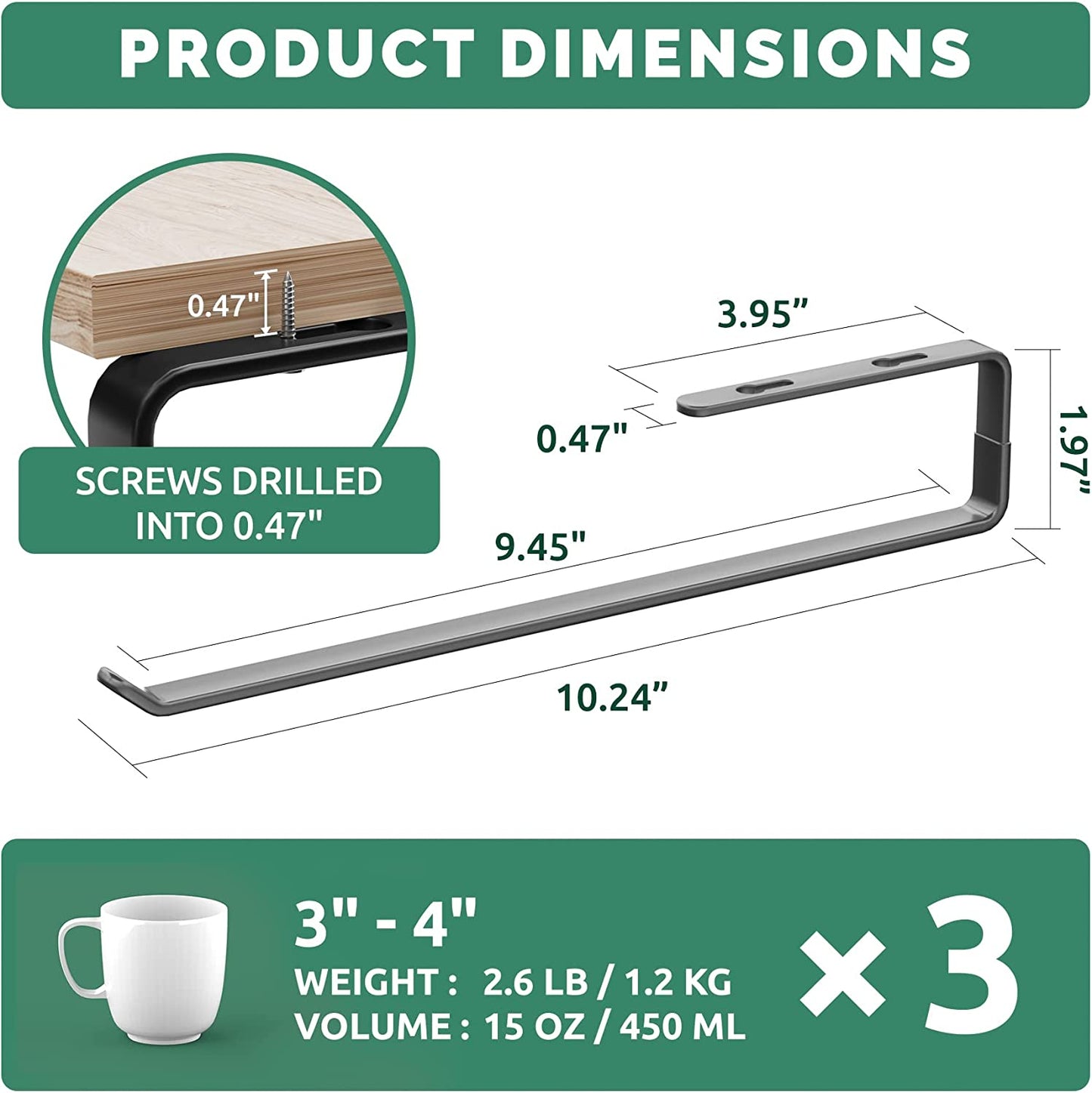 Coffee Mug Holder under Cabinet 3 Pack, Metal Sturdy Mug Rack under Shelf Organizer, Display Hanging Cup Storage Hooks for Bar Kitchen Utensils/Wine Glasses/Tea Cup, Black
