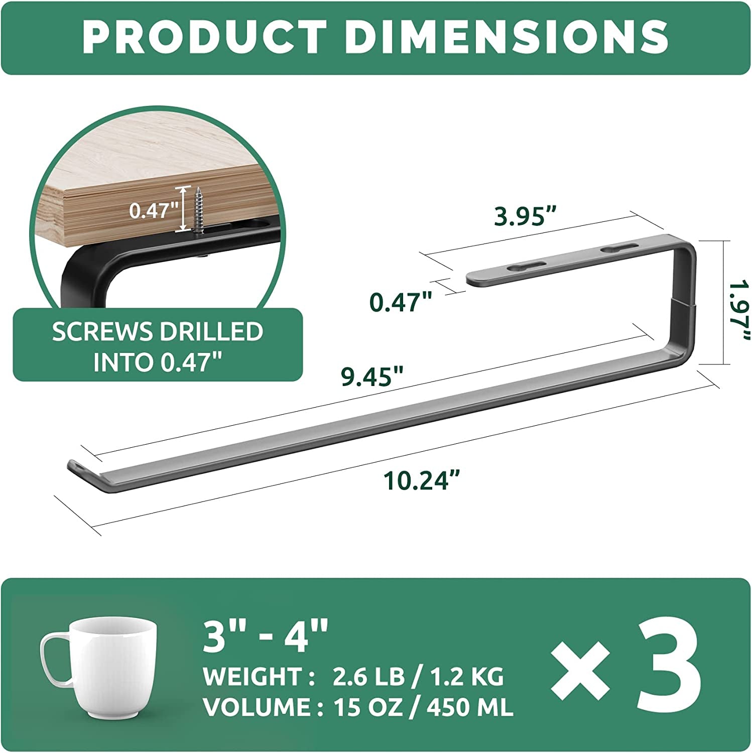 Coffee Mug Holder under Cabinet 3 Pack, Metal Sturdy Mug Rack under Shelf Organizer, Display Hanging Cup Storage Hooks for Bar Kitchen Utensils/Wine Glasses/Tea Cup, Black