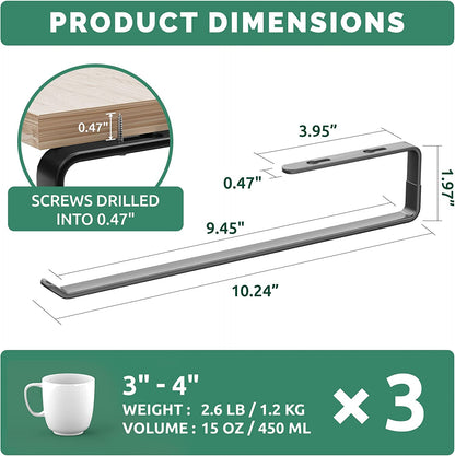 Coffee Mug Holder under Cabinet 3 Pack, Metal Sturdy Mug Rack under Shelf Organizer, Display Hanging Cup Storage Hooks for Bar Kitchen Utensils/Wine Glasses/Tea Cup, Black