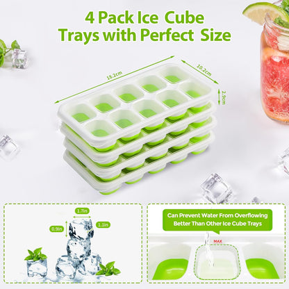 Ice Cube Trays 4 Pack, 40 Pcs Silicone Ice Cubes Tray Maker with Spill-Resistant Removable Lid, Easy Release & Pop Out, LFGB and BPA Free, Stackable Flexible, for Soup, Food, Cocktail, Coffee