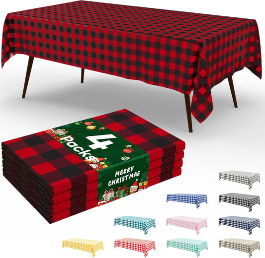 4 Packs Buffalo Disposable Table Cloth, 54 X 108 Inch Waterproof Plastic Tablecloth, Rectangle Black and Red Checkered Table Covers for Picnic, Birthday, Party