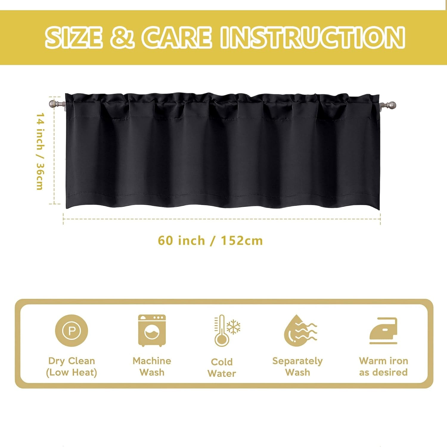 Black Valances for Windows, Small Blackout Curtains for Kitchen Bedroom Living Room, Rod Pocket Privacy Modern Solid Short Window Treatment Valance Bathroom Panels, 60" Wx14 L,1 Piece