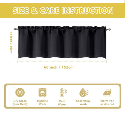 Black Valances for Windows, Small Blackout Curtains for Kitchen Bedroom Living Room, Rod Pocket Privacy Modern Solid Short Window Treatment Valance Bathroom Panels, 60" Wx14 L,1 Piece