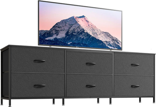 63-Inch Modern Dresser and TV Stand Combo, Suitable for 55 to 70 Inch TVs, 6-Drawer Storage Organizer with Fabric Drawers for Bedroom and Entryway, Black Finish