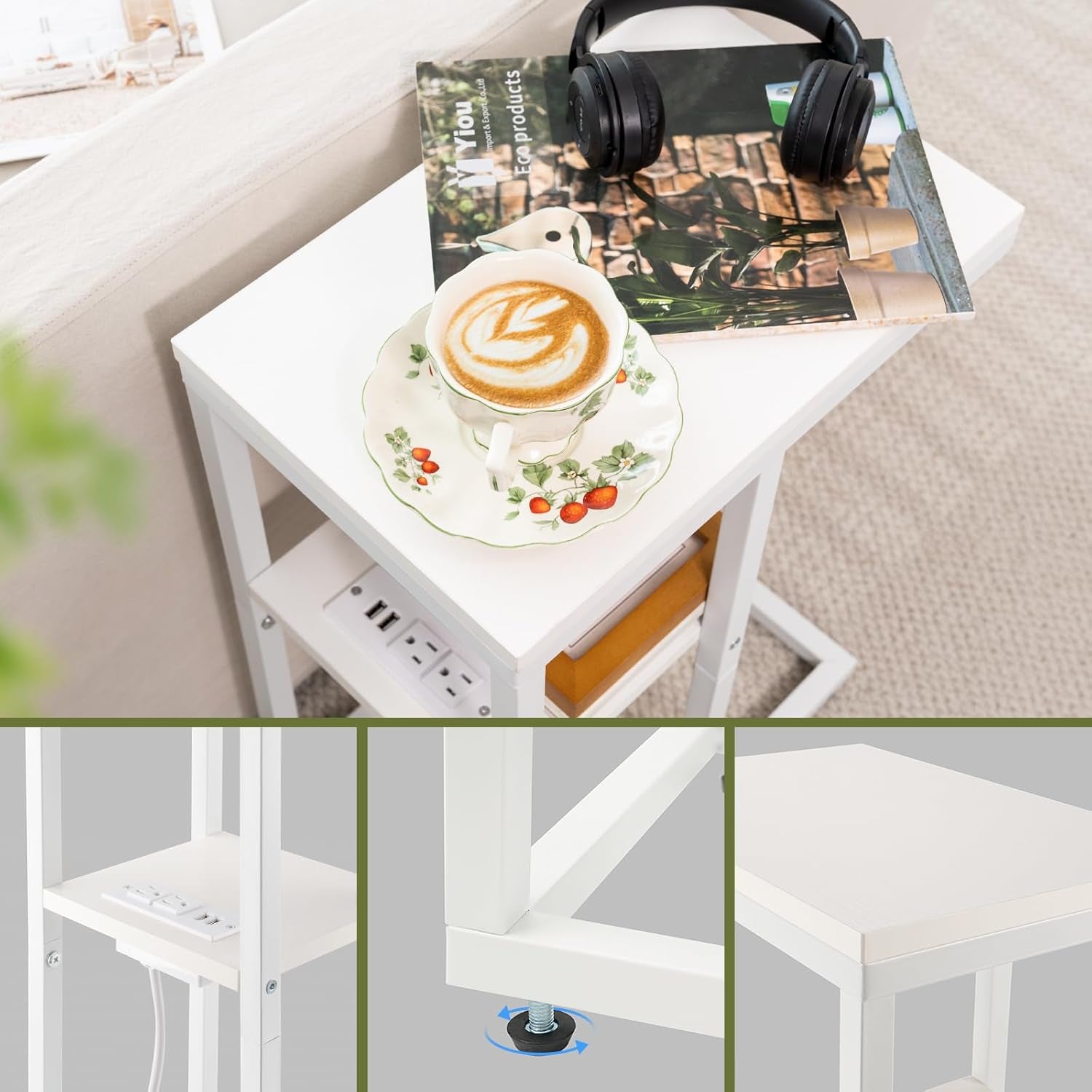 C Shaped End Table with Charging Station, Small Side Tables for Living Room Bedroom, Sofa Table with USB Ports and Outlets for Small Spaces, Rustic Bed Side Table