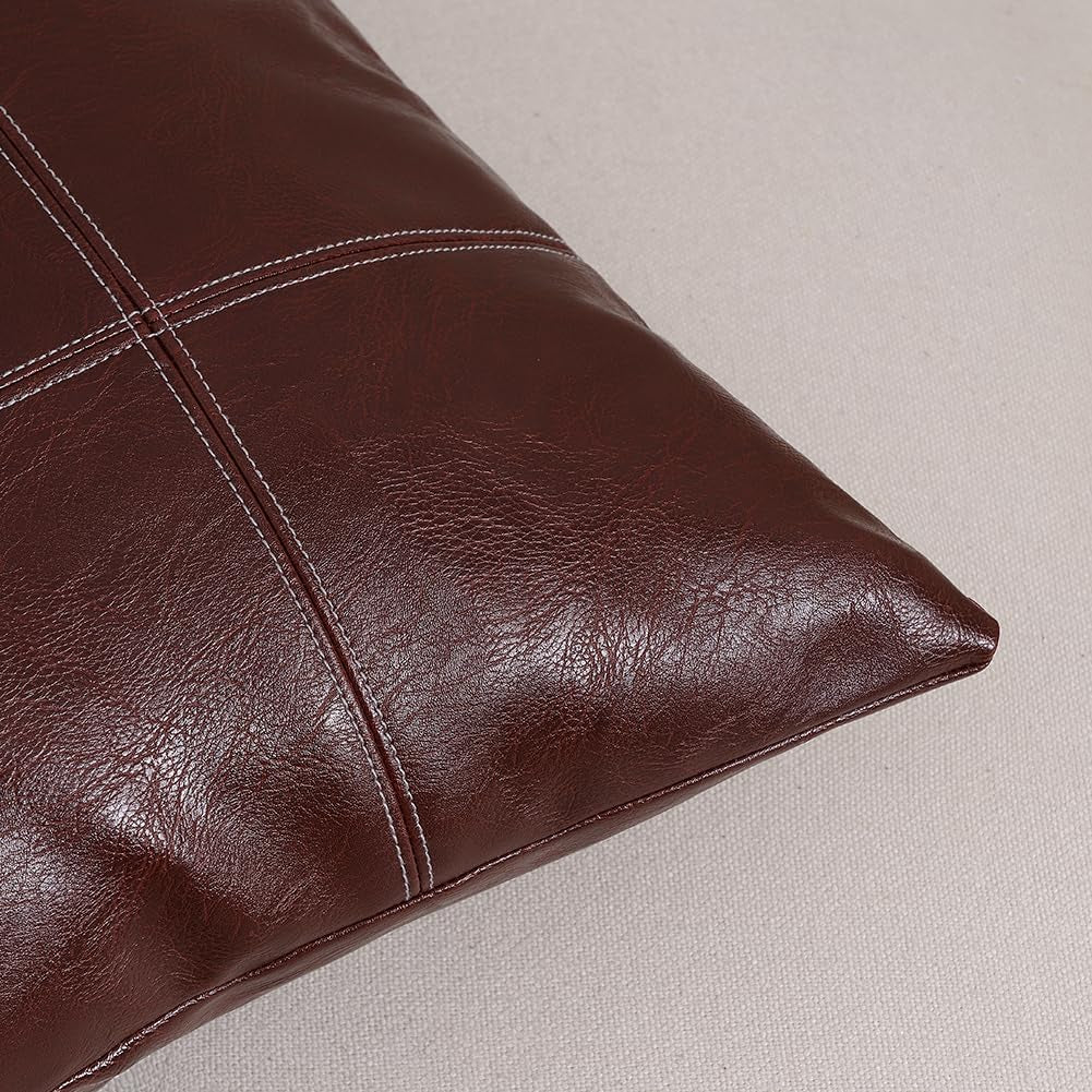 2 Packs Burgundy Boho Lumbar Plaid Faux Leather Decorative Throw Pillow Covers 12X20 Inch for Couch Bed Sofa, Hand Stitched Rectangle Cushion Case, Rustic Modern Farmhouse Home Décor