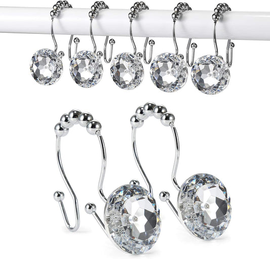 Shower Curtain Hooks, 12 Pcs Crystal Shower Curtain Rings, Stainless Steel Rust Proof Double Shower Hooks for Curtains, Shower Curtain & Liner Decor (Crystal White)