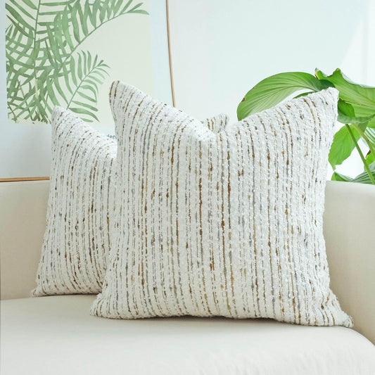 Pack of 2 Textured Boucle Decorative Throw Pillow Covers Farmhouse Boho Home Decor Striped Corduroy Square Chenille Pillowcases 18 X 18 Inch White