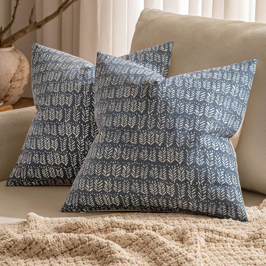 Set of 2 Neutral Boho Farmhouse Throw Pillow Covers 18X18 Inch Dark Blue Vintage Accent Floral Cotton Linen Pillowcases for Couch Bed Living Home Decor