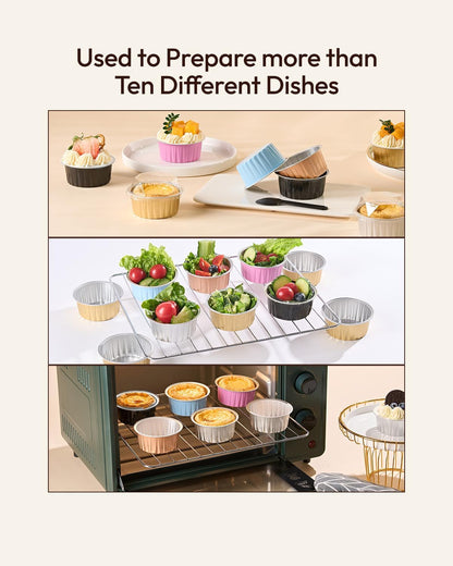 60 Pack 5Oz Disposable Aluminum Foil Ramekins with Lids, Mini round Baking Cups, Muffin Tins for Creme Brulee, Souffle, Pudding, Non-Stick, Wedding Favors, Black