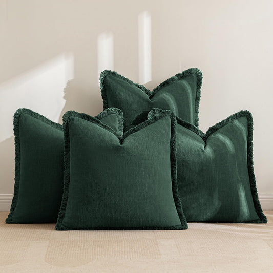 Linen Pillow Covers 18X18 Inch Dark Green Decorative Throw Pillows with Fringe Pack of 4 Soft Farmhouse Boho Couch Pillows Home Decors for Sofa Cushion Living Room Bed
