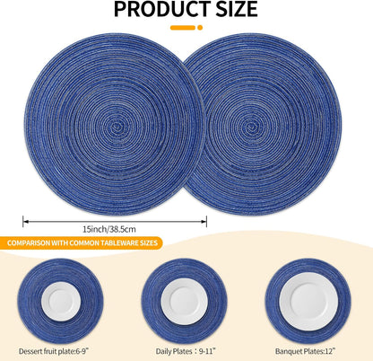 round Braided Placemats 15Inch, Placemats Set of 4 Non-Slip, round Placemats Heat Resistant, Woven Placemats for Kitchen Dining Tables-Dark Blue Color