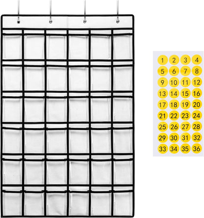 36-Pocket Classroom Pocket Chart for Cell Phones and Calculators with Number Stickers and Hooks (White)