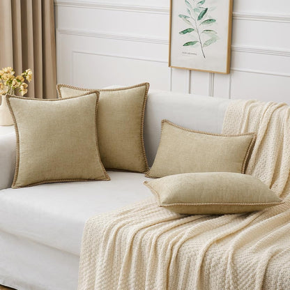 Pack of 2 Couch Throw Pillow Covers 18X18 Inch Beige Farmhouse Decorative Pillow Covers with Stitched Edge Soft Chenille Solid Dyed Spring Pillow Covers for Sofa Bed Living Room