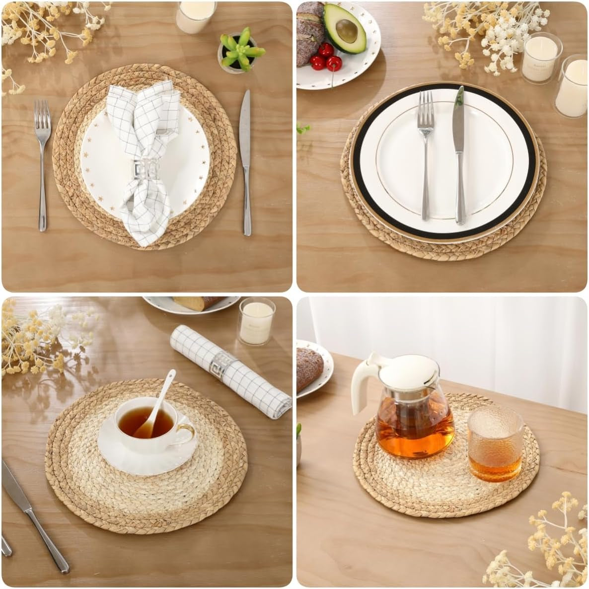 12 Inch Natural Corn Husk Water Hyacinth Woven Braided round Placemats Set of 4 Boho Place Mats Straw Rattan Wicker Table Centerpiece Mats Plate Chargers for Home Party Table Decoration