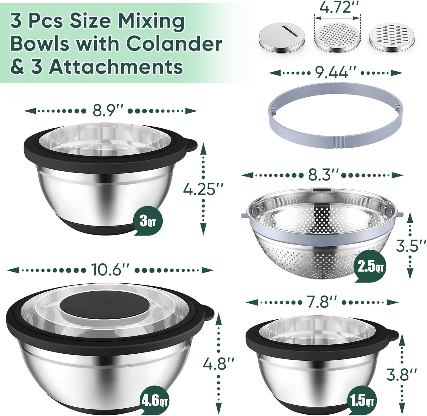 Mixing Bowls with Lids Set of 3, Stainless Steel Mixing Bowl and Colander for Kitchen, 3 Grater Attachments & Non-Slip Bottoms, Visible & Airtight Lid, Black