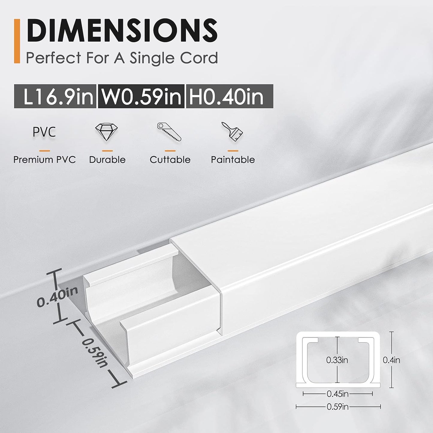 254In Cord Hider, One-Wire Cable Hider, Cable Covers for Cords on Wall, Easy-To-Install Cable Hiders for Mounted Tv, Cable Management Kit, L16.9In W0.59 H0.4In, White