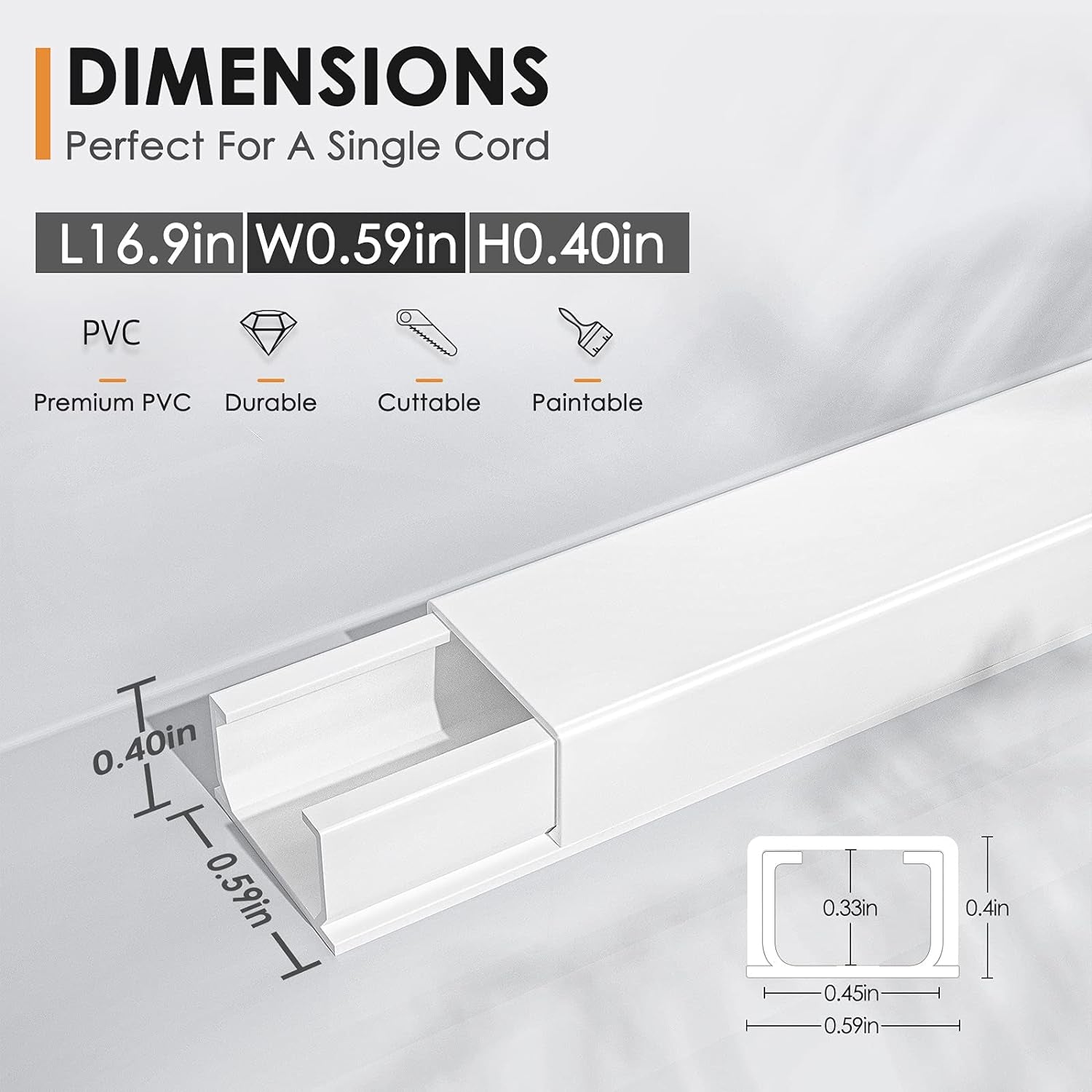 254In Cord Hider, One-Wire Cable Hider, Cable Covers for Cords on Wall, Easy-To-Install Cable Hiders for Mounted Tv, Cable Management Kit, L16.9In W0.59 H0.4In, White