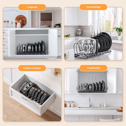 Expandable Pans and Pots Lid Organizer Rack for Cabinet - Rubber-Dipped Pan Organizer Rack for Kitchen Cabinet Organizers and Storage with 10 Adjustable Dividers and Anti-Scratch Strip