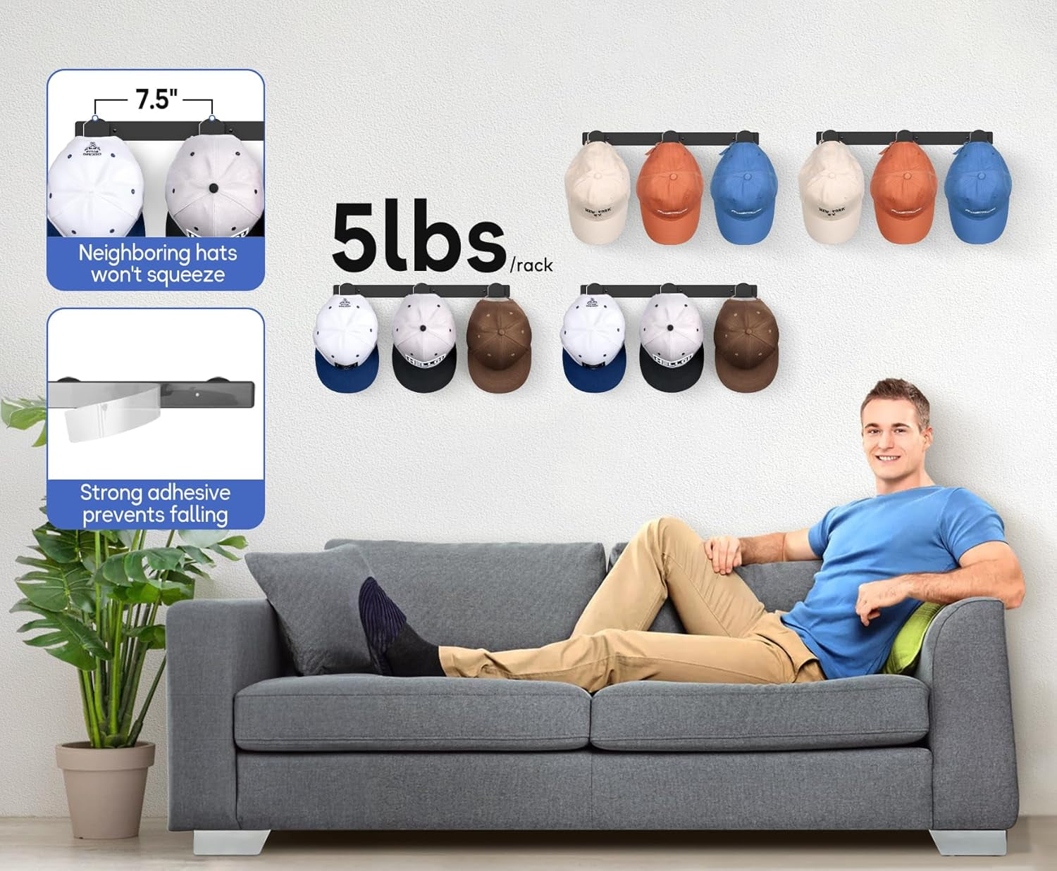 4 Packs Hat Rack for Wall, Hat Organizer for Baseball Caps Holds 36 Hats, 3 Mounting Options Hat Hook Hanger, Strong Baseball Hat Holder Storage, Cap Display for Door, Room, Closet (Black)