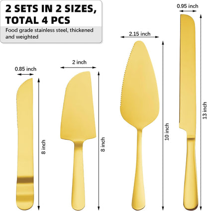 4 Pcs Gold Cake Cutting Set, Premium Cake Cutter & Pie Server Set for Wedding, Thickened Stainless Steel Cake Knife and Server with Rounded Edges, Pie Server Spatula Birthday Christmas Gift