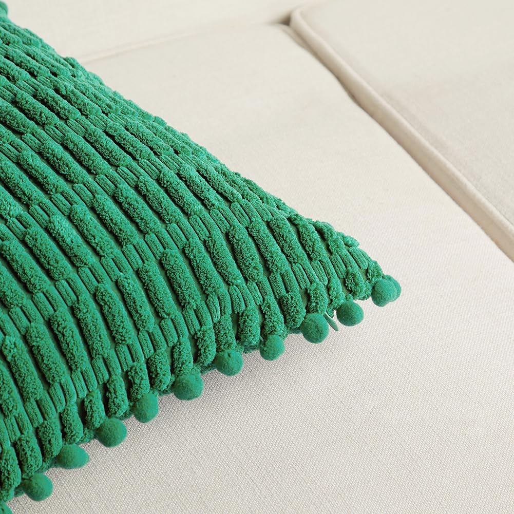 2 Packs Green Euro Decorative Throw Pillow Covers 26X26 Inch with Pom-Poms for Couch Bed Sofa, Boho Home Decor, Soft Striped Corduroy Accent Square Forest Green Cushion Case 66X66 Cm