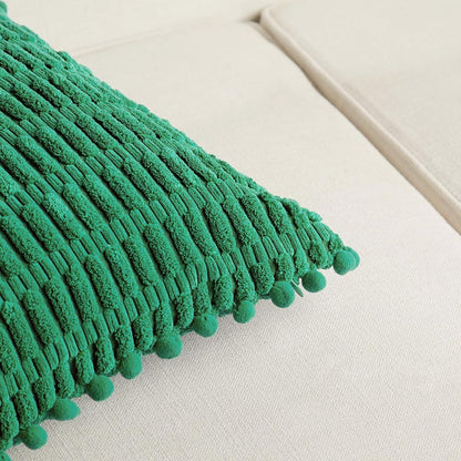 2 Packs Green Euro Decorative Throw Pillow Covers 26X26 Inch with Pom-Poms for Couch Bed Sofa, Boho Home Decor, Soft Striped Corduroy Accent Square Forest Green Cushion Case 66X66 Cm