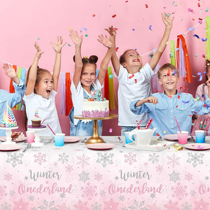 3 Pack Winter Onederland 1St Birthday Tablecloth, Disposable Pink and Silver Winter Snowflake Plastic Table Cover for Winter Onederland Girl Boy 1St Birthday Party Supplies Decorations, 54X108 Inch