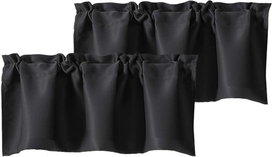 Black Valances for Window, Room Darkening Short Curtains for Kitchen Bedroom Living Room, Rod Pocket Top Small Window Treatment Valance RV Bunk Panels, 40" Wx14 L, 2 Pieces