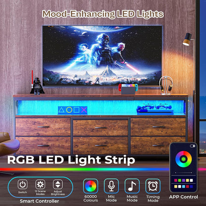 63-Inch TV Stand for 55 to 70 Inch TVs, Rustic Entertainment Center with Power Outlets and Fabric Drawer Storage for Bedroom and Living Room