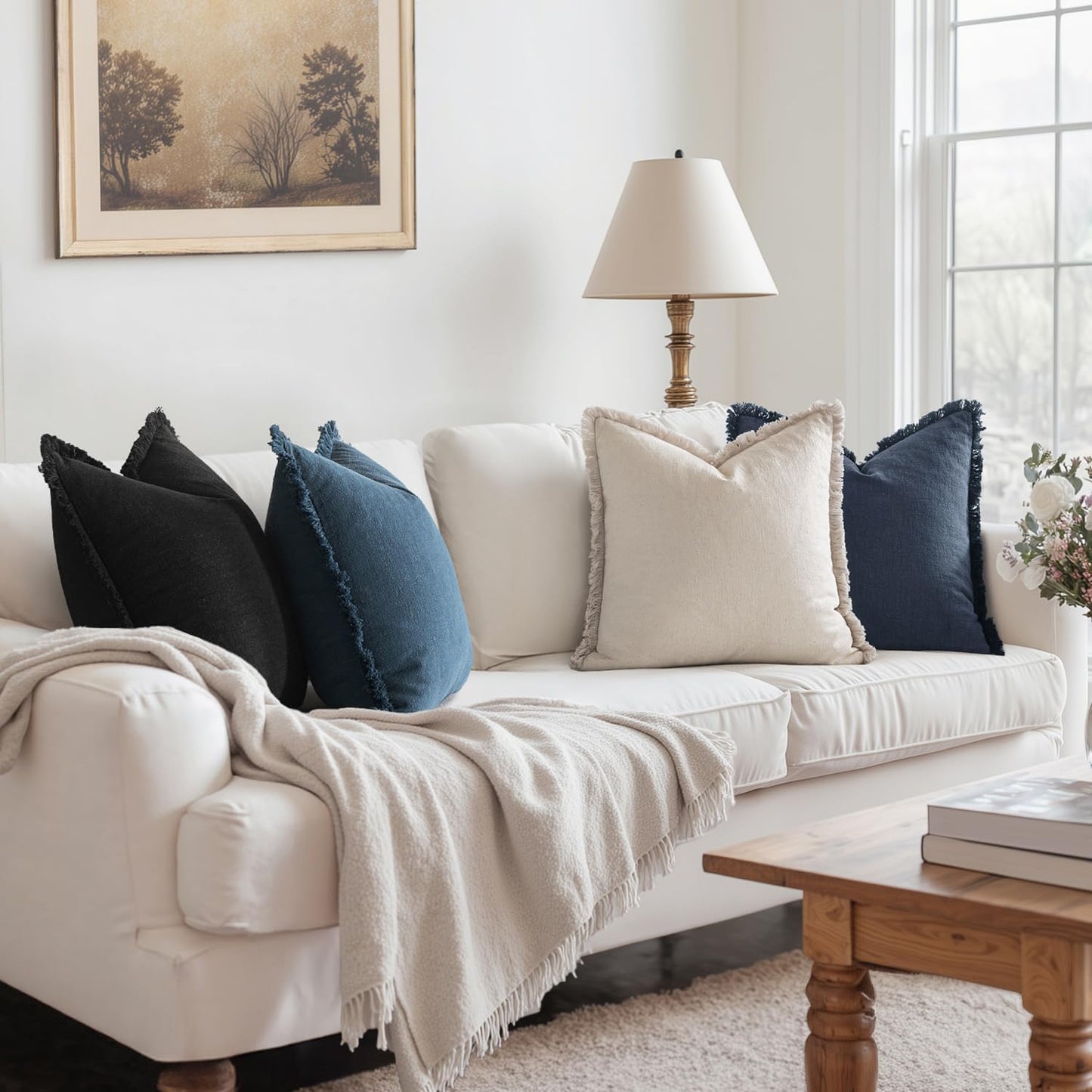 Christmas Decorative Couch Pillow Covers Neutral Linen Fringe Throw Pillows Set of 4 Boho Farmhouse Cushion Modern Pillowcases for Bed Sofa Living Room Home Decor 18X18 Inch Beige/Coastal Blue